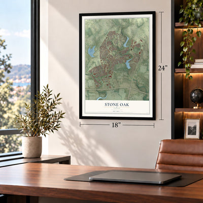 Stone Oak, Texas map, 18 x 24 inch print in a black frame in a home office