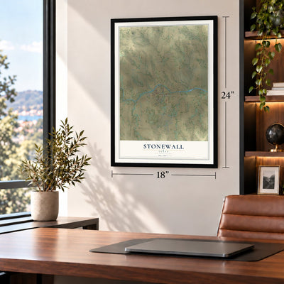Stonewall, Texas map, 18 x 24 inch print in a black frame in a home office