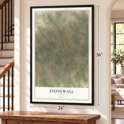 Stonewall, Texas map, 24 x 36 inch print in a black frame by a staircase