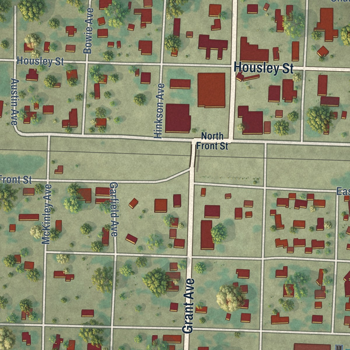 Close-up of the map of Strawn, Texas print showing street and building detail