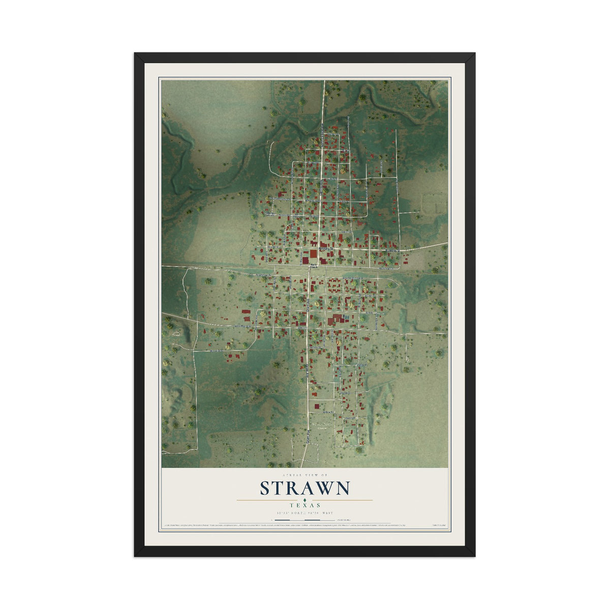 Map of Strawn, Texas, 12 x 18 inch print in a black wood frame