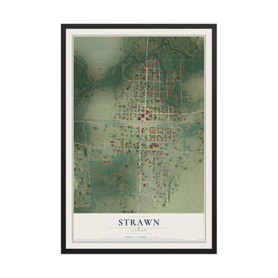 Map of Strawn, Texas, 12 x 18 inch print in a black wood frame