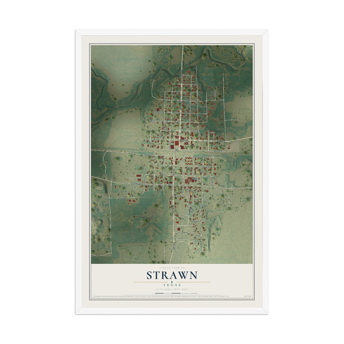 Map of Strawn, Texas, 12 x 18 inch print in a white wood frame