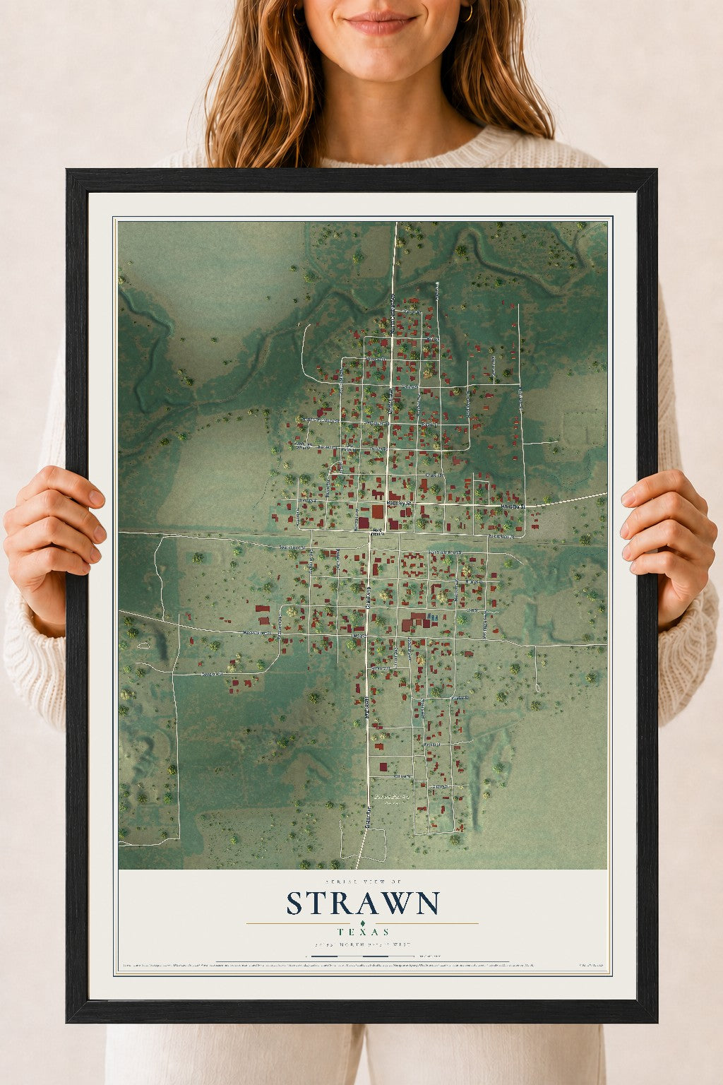 Map of Strawn, Texas, 18 x 24 inch print in a black wood frame