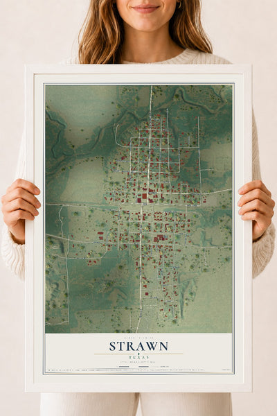 Map of Strawn, Texas, 18 x 24 inch print in a white wood frame
