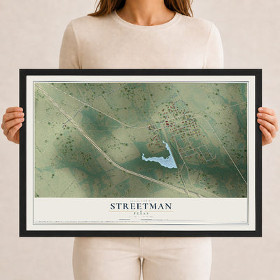 Map of Streetman, Texas, 12 x 18 inch print in a black wood frame