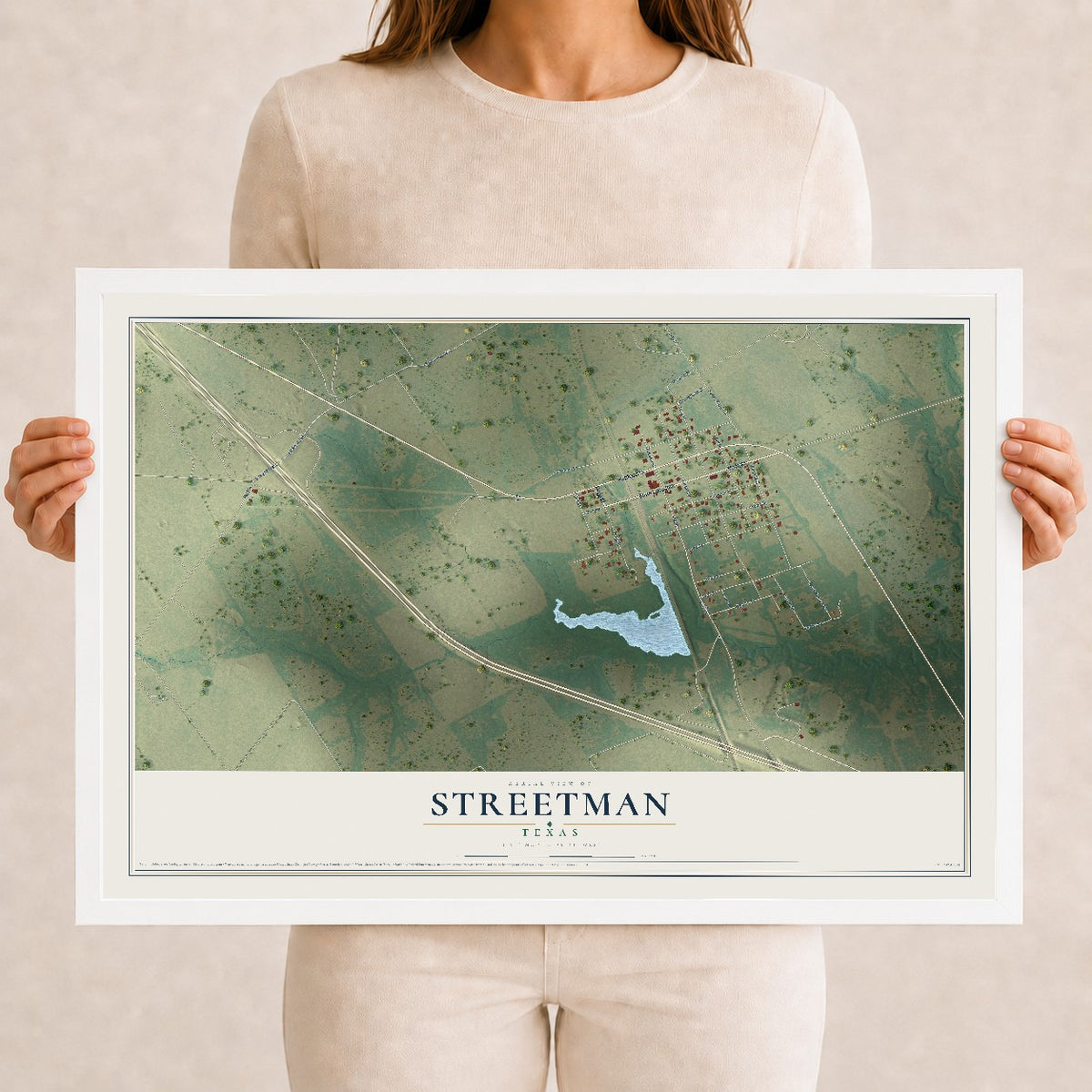 Map of Streetman, Texas, 12 x 18 inch print in a white wood frame