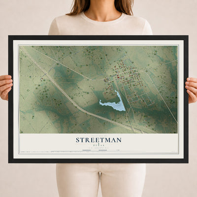 Map of Streetman, Texas, 18 x 24 inch print in a black wood frame