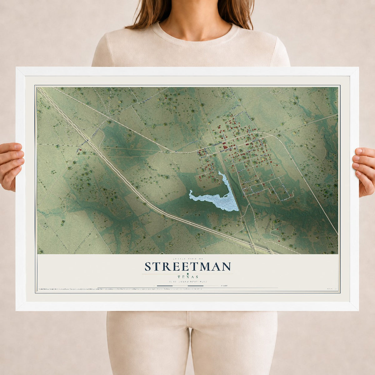 Map of Streetman, Texas, 18 x 24 inch print in a white wood frame