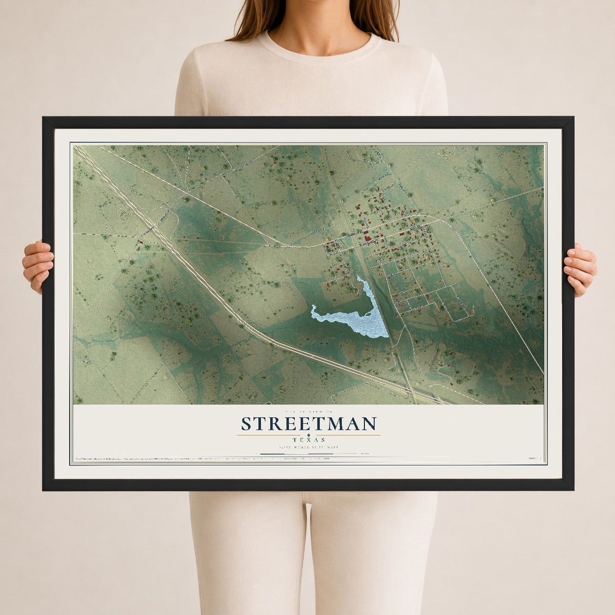 Map of Streetman, Texas, 24 x 36 inch print in a black wood frame