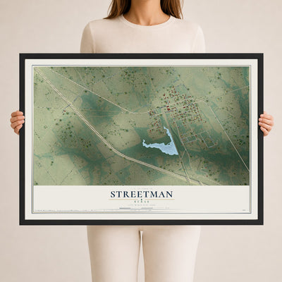 Map of Streetman, Texas, 24 x 36 inch print in a black wood frame