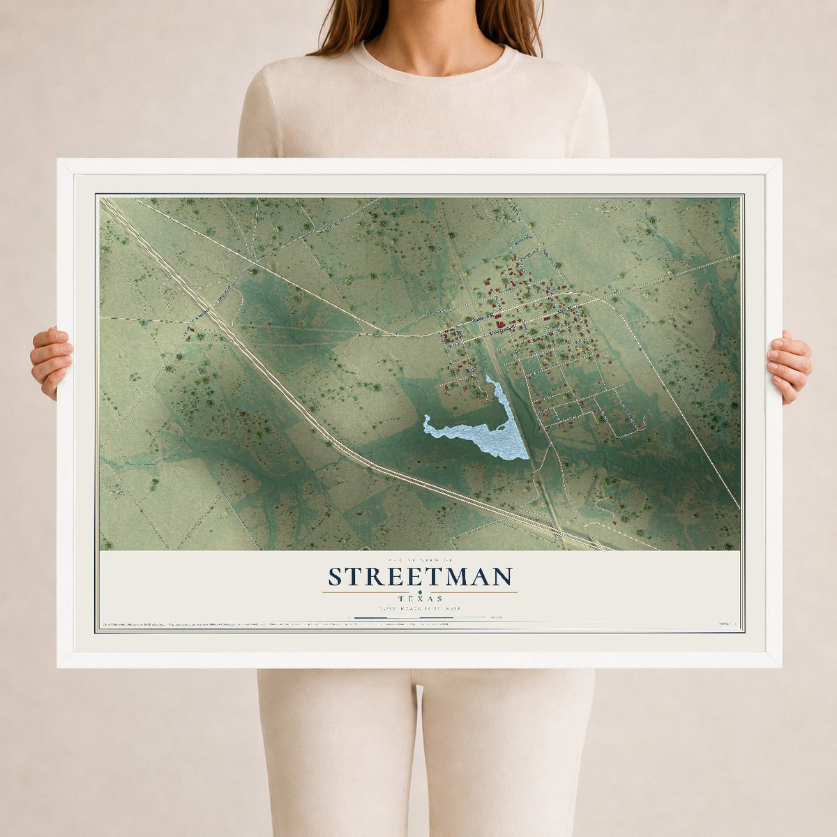 Map of Streetman, Texas, 24 x 36 inch print in a white wood frame