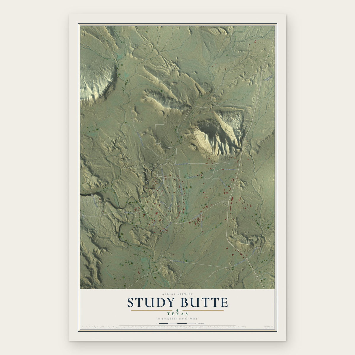 Study Butte, Texas map print, the full design