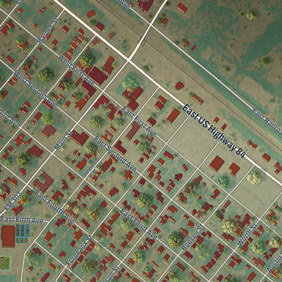 Close-up of the map of Sudan, Texas print showing street and building detail