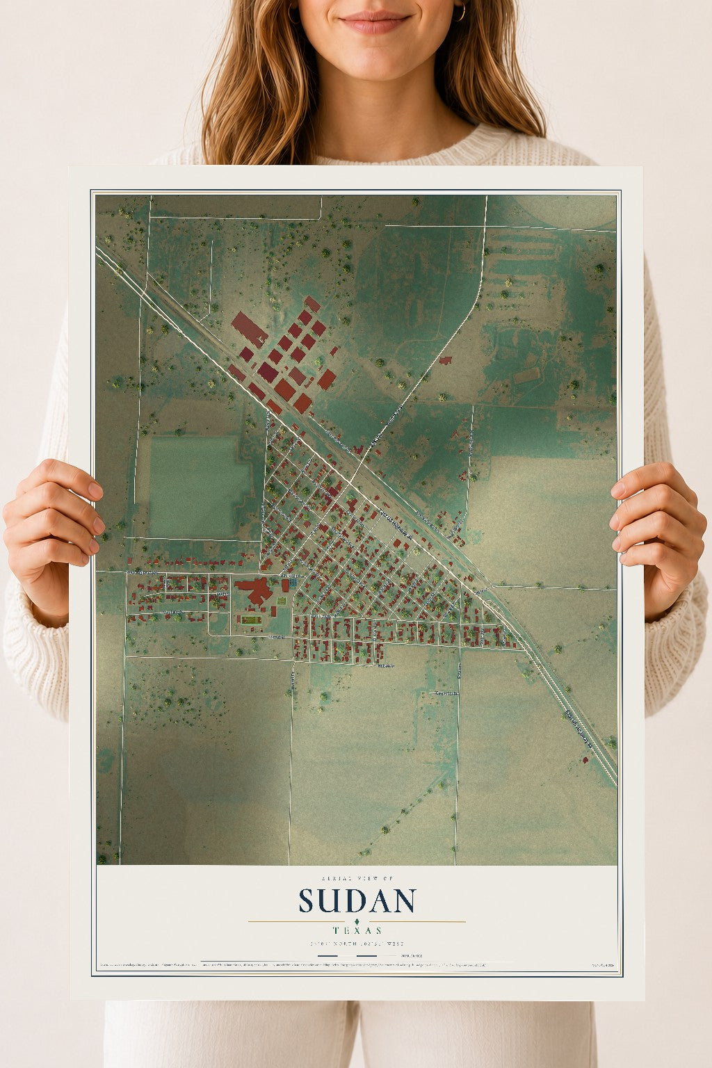 Map of Sudan, Texas, 18 x 24 inch unframed archival matte print