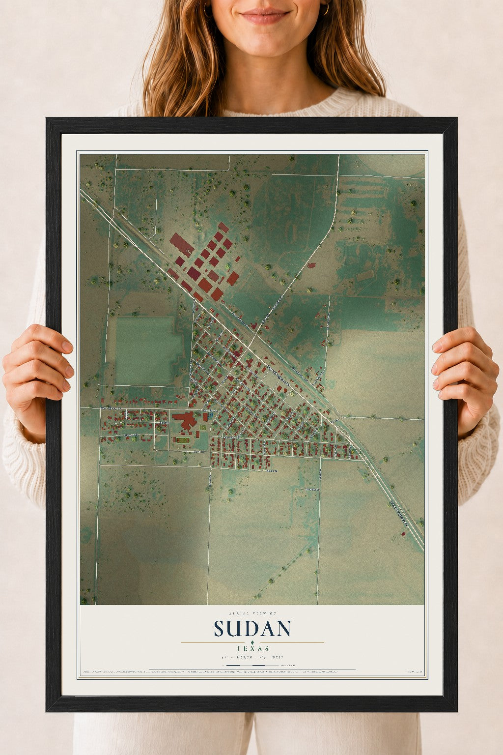Map of Sudan, Texas, 18 x 24 inch print in a black wood frame