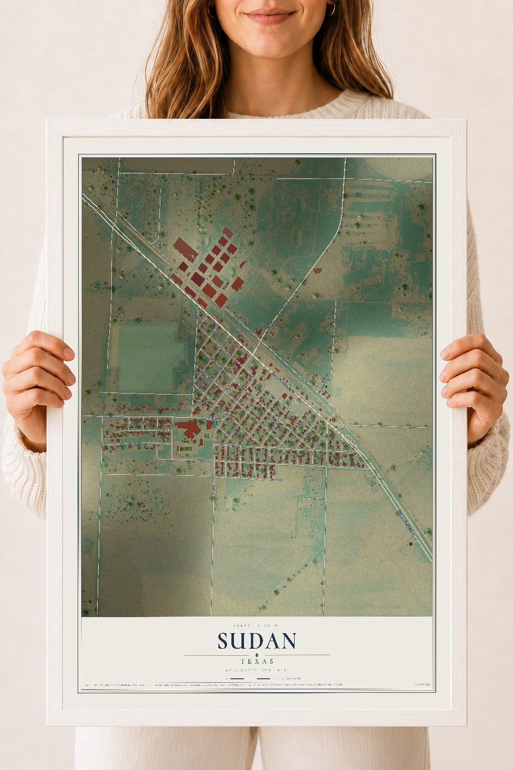 Map of Sudan, Texas, 18 x 24 inch print in a white wood frame