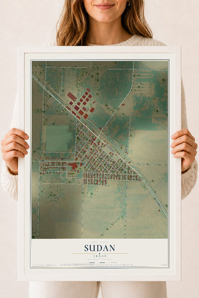 Map of Sudan, Texas, 18 x 24 inch print in a white wood frame