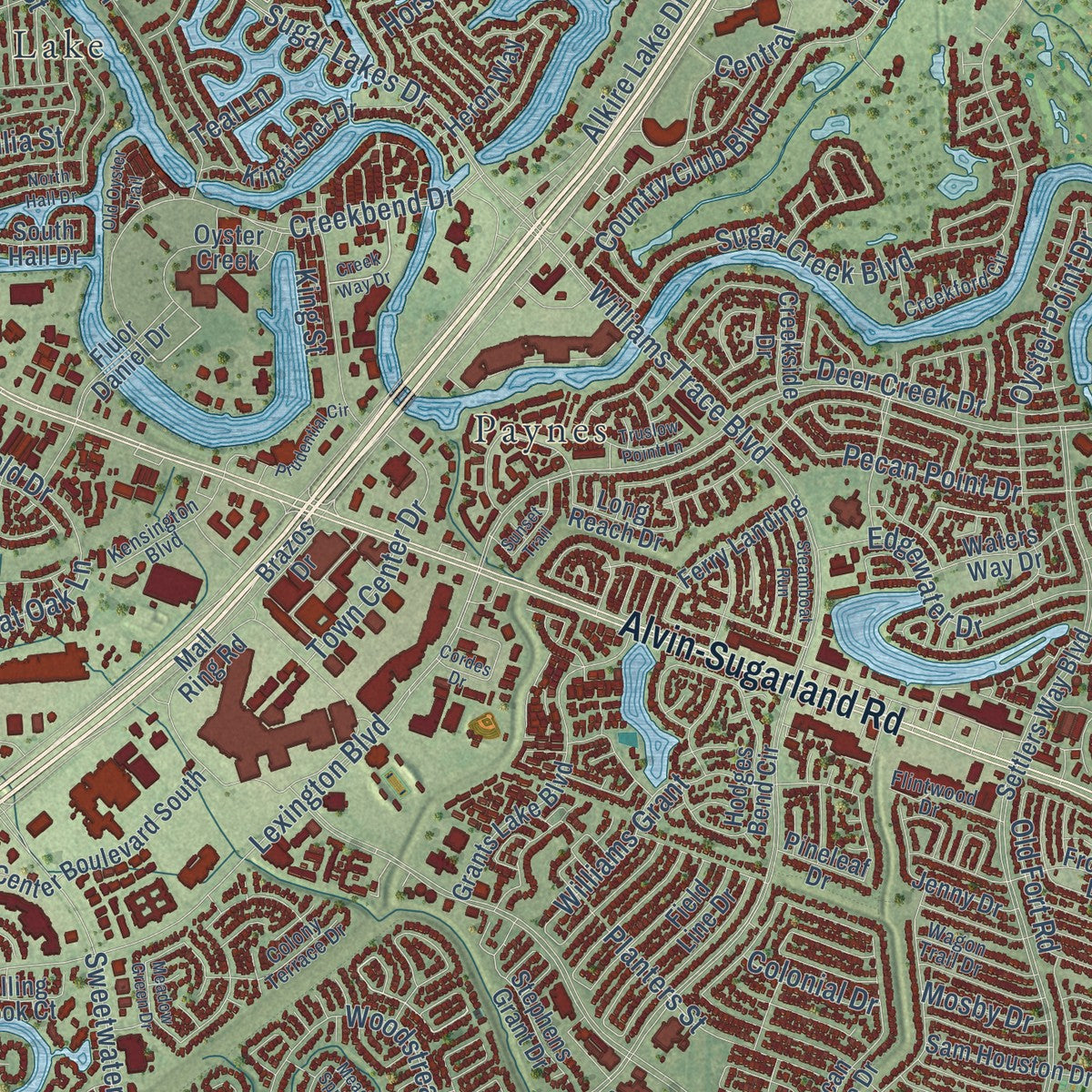 Close-up of the map of Sugar Land, Texas print showing street and building detail