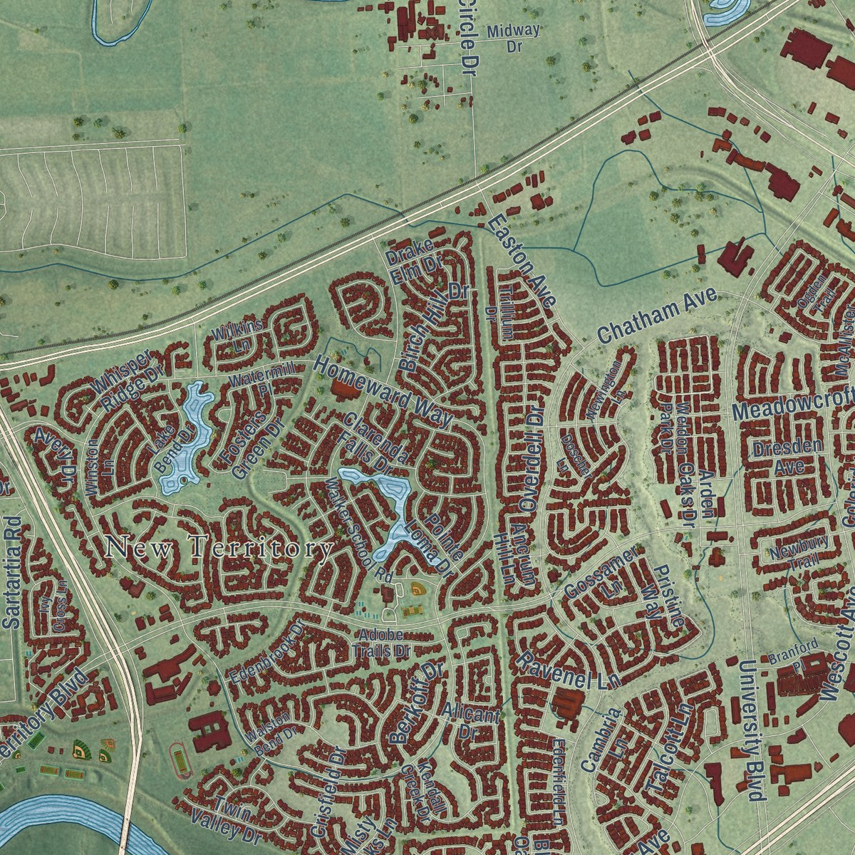 Second close-up of the map of Sugar Land, Texas print showing more streets and buildings
