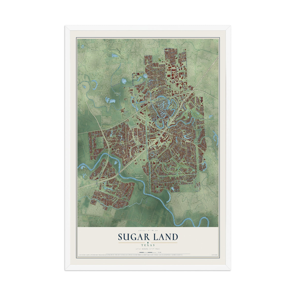 Map of Sugar Land, Texas, 12 x 18 inch print in a white wood frame