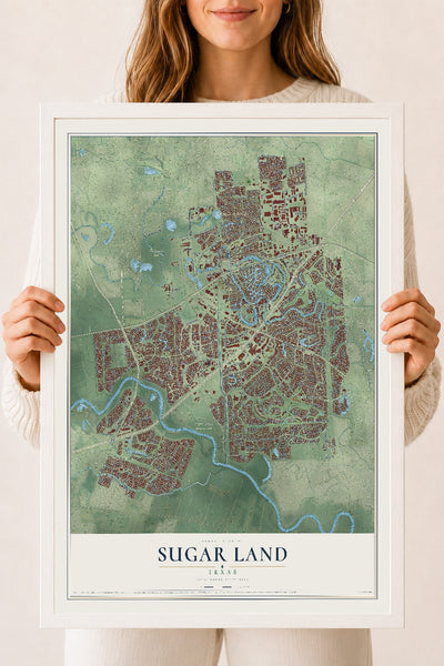Map of Sugar Land, Texas, 18 x 24 inch print in a white wood frame