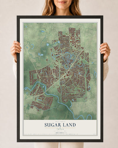 Map of Sugar Land, Texas, 24 x 36 inch print in a black wood frame
