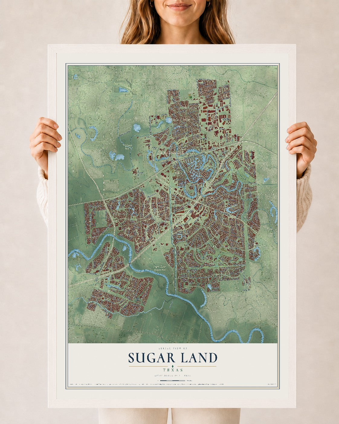 Map of Sugar Land, Texas, 24 x 36 inch print in a white wood frame