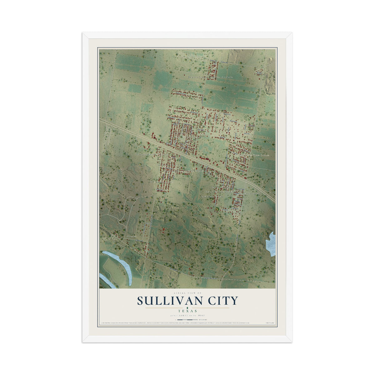 Map of Sullivan City, Texas, 12 x 18 inch print in a white wood frame