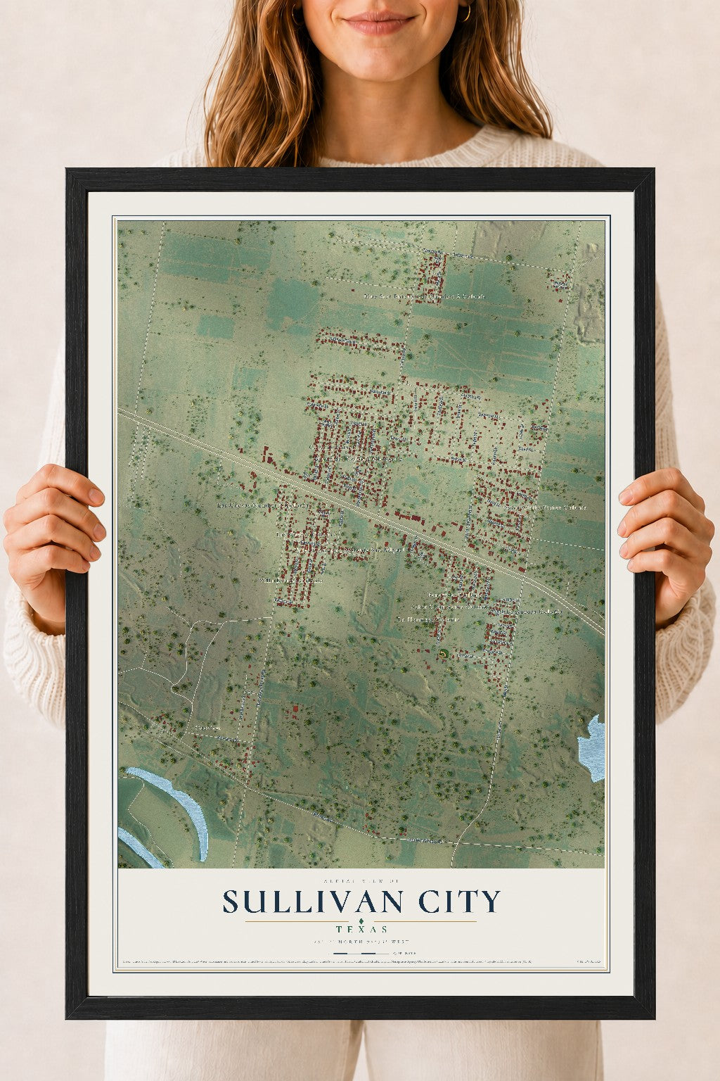 Map of Sullivan City, Texas, 18 x 24 inch print in a black wood frame