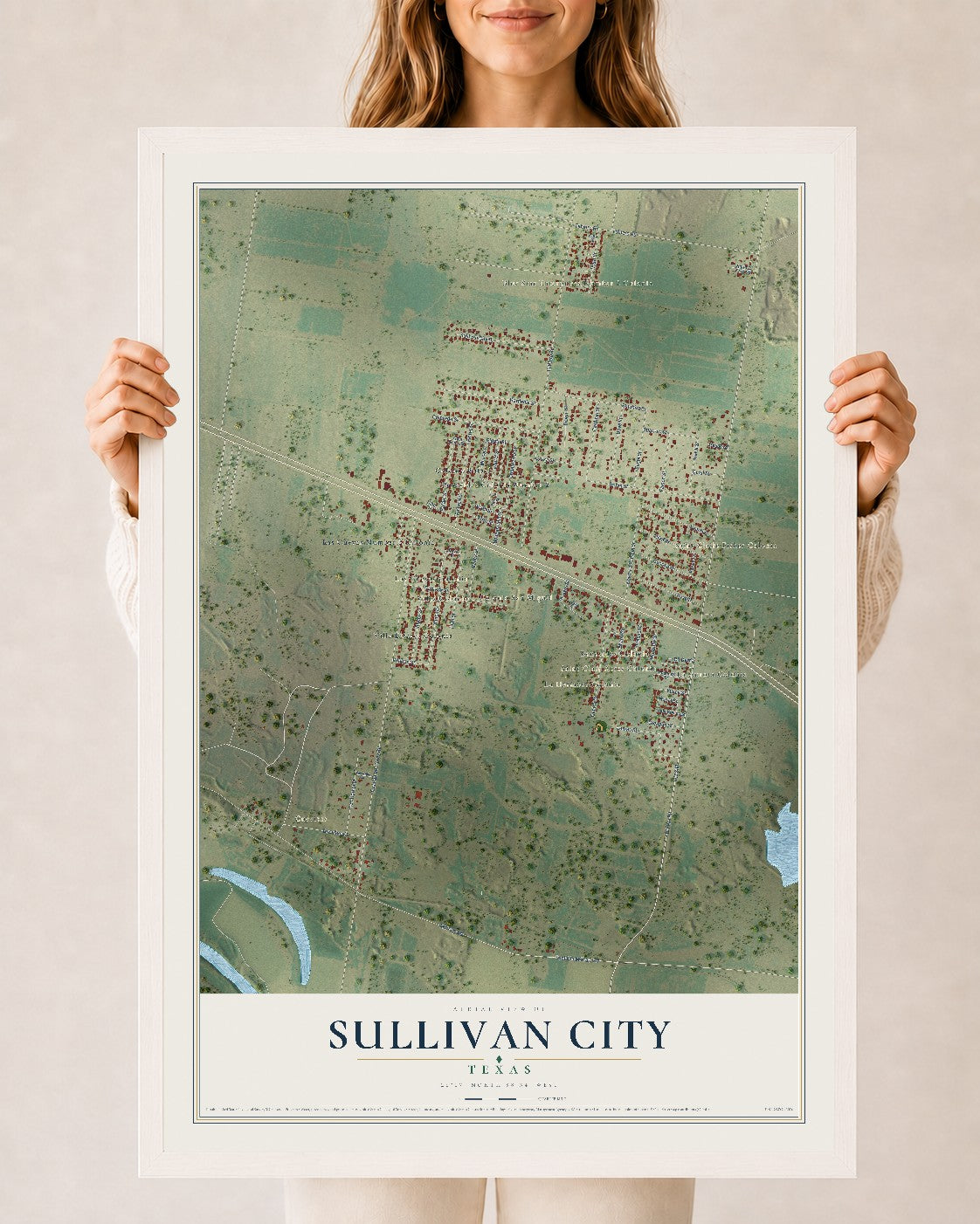 Map of Sullivan City, Texas, 24 x 36 inch print in a white wood frame