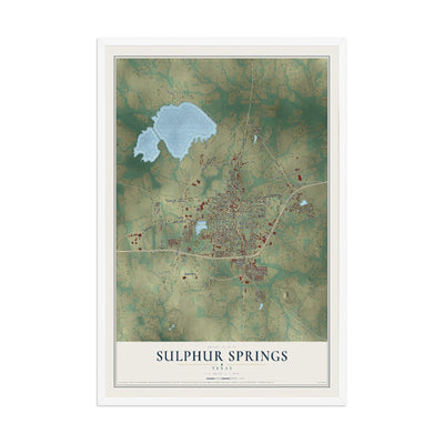 Map of Sulphur Springs, Texas, 12 x 18 inch print in a white wood frame