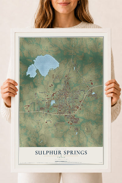 Map of Sulphur Springs, Texas, 18 x 24 inch print in a white wood frame
