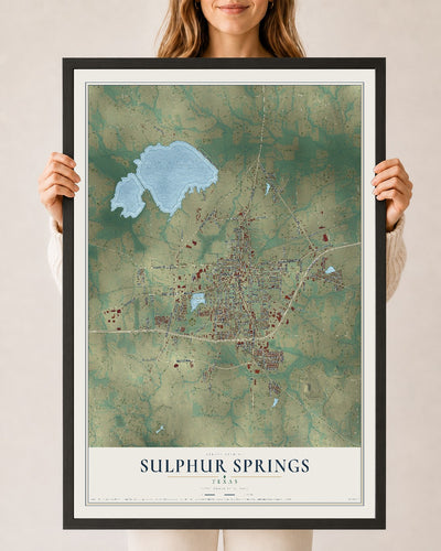 Map of Sulphur Springs, Texas, 24 x 36 inch print in a black wood frame