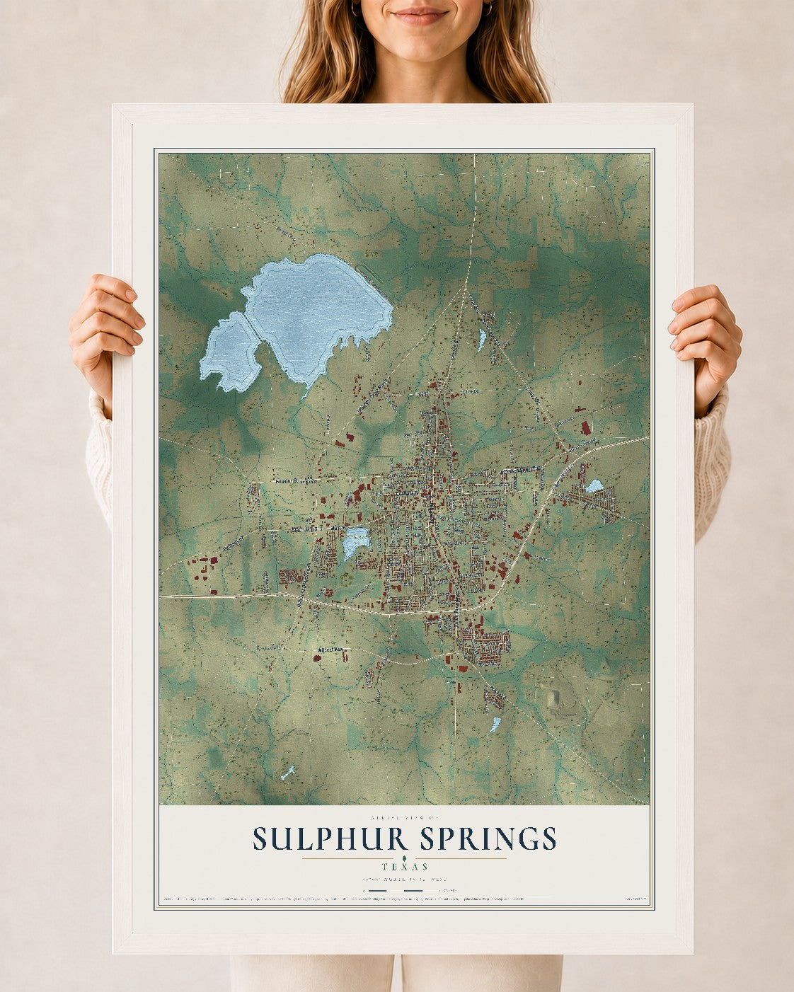 Map of Sulphur Springs, Texas, 24 x 36 inch print in a white wood frame