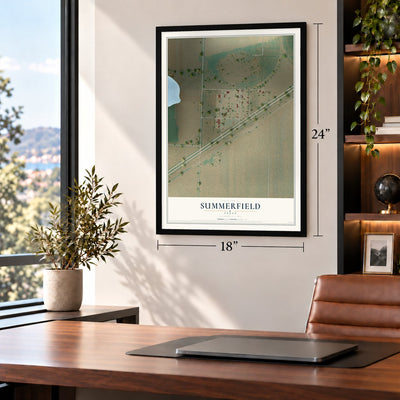 Summerfield, Texas map, 18 x 24 inch print in a black frame in a home office