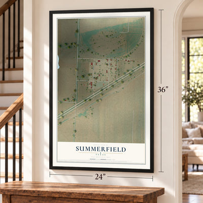 Summerfield, Texas map, 24 x 36 inch print in a black frame by a staircase