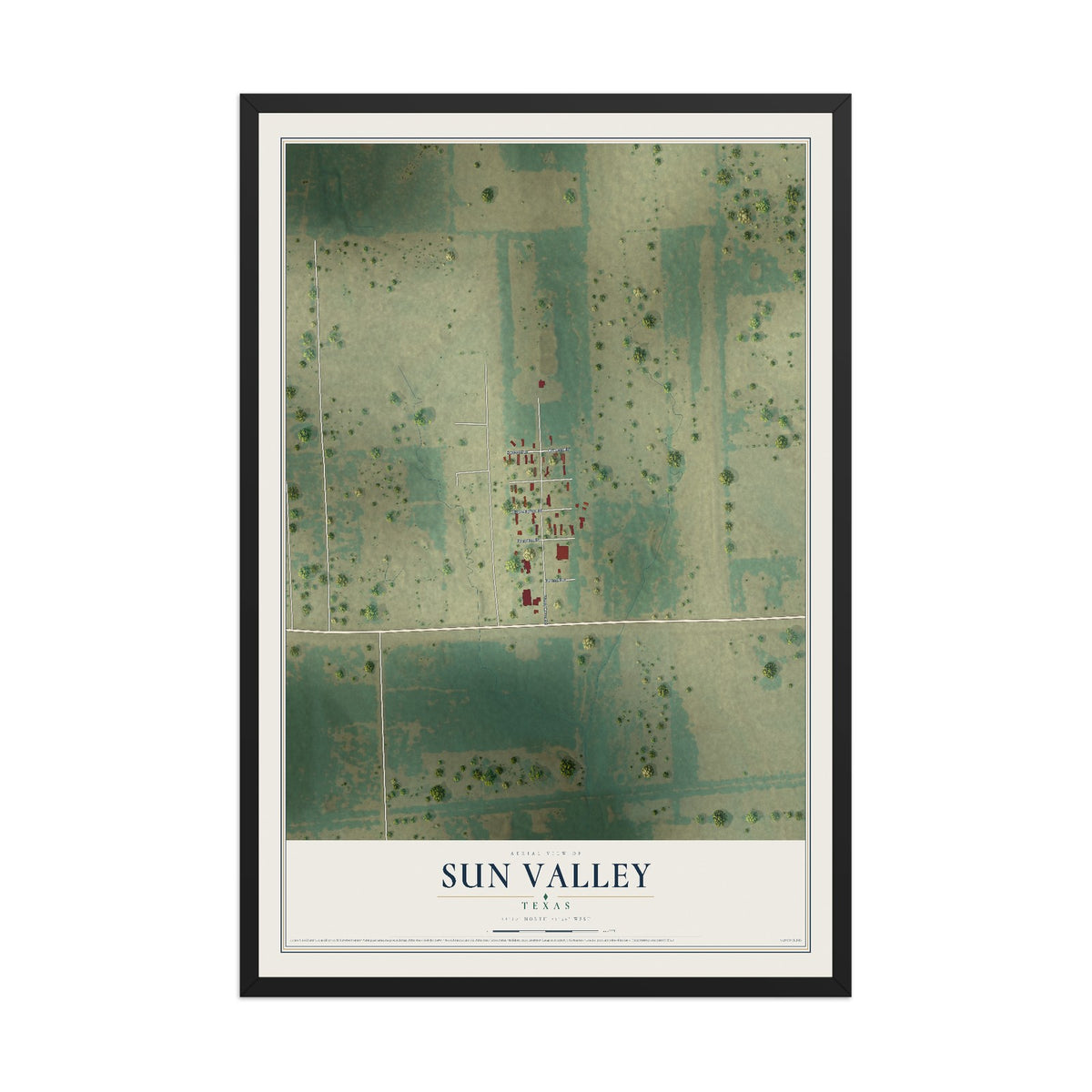 Map of Sun Valley, Texas, 12 x 18 inch print in a black wood frame