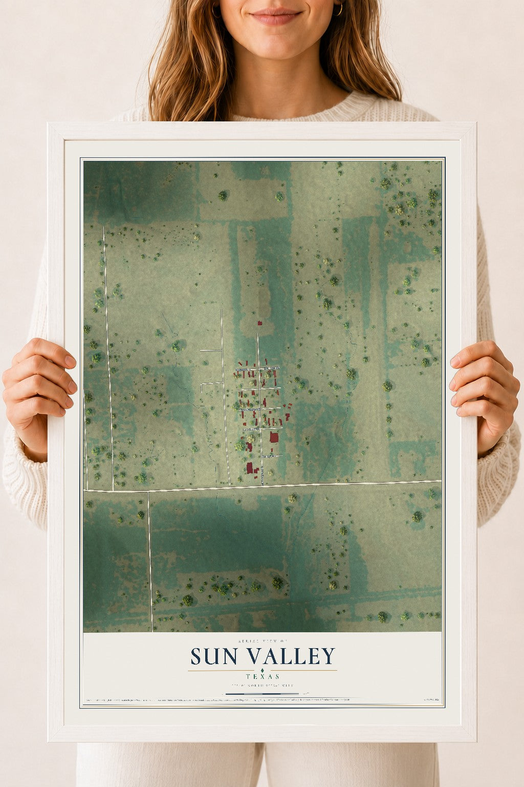 Map of Sun Valley, Texas, 18 x 24 inch print in a white wood frame