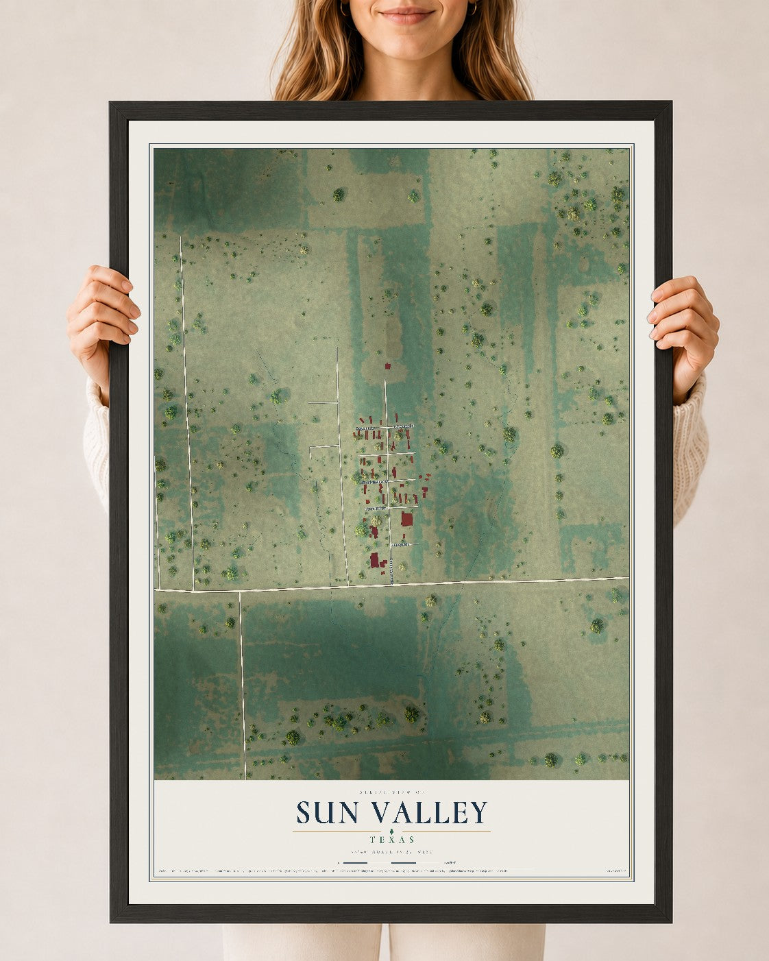 Map of Sun Valley, Texas, 24 x 36 inch print in a black wood frame