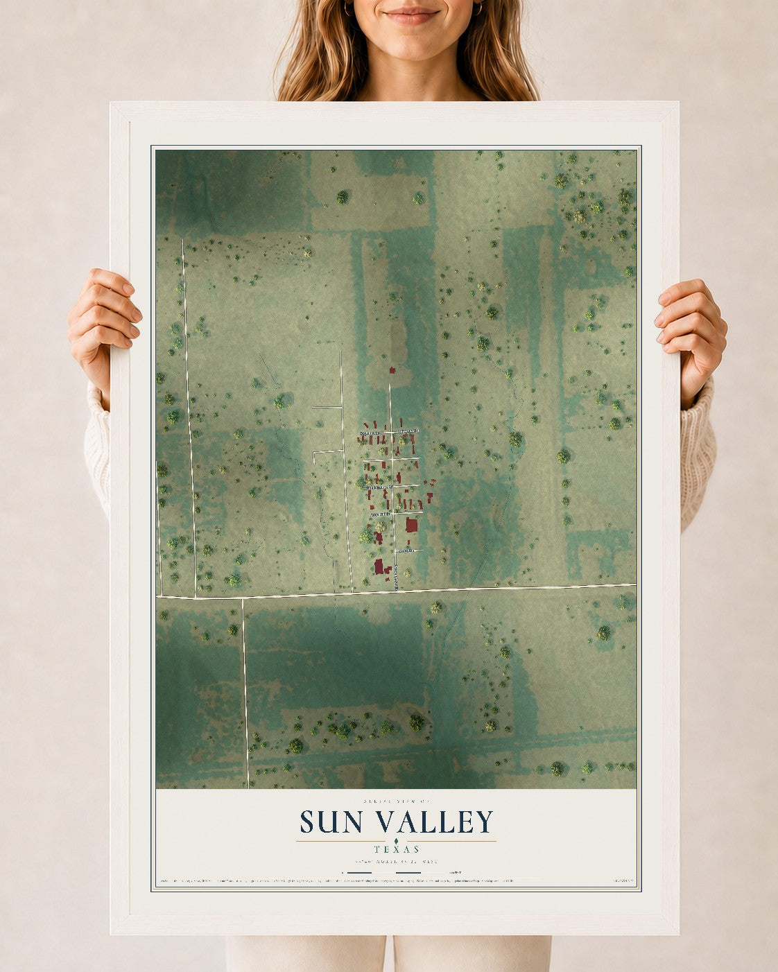 Map of Sun Valley, Texas, 24 x 36 inch print in a white wood frame