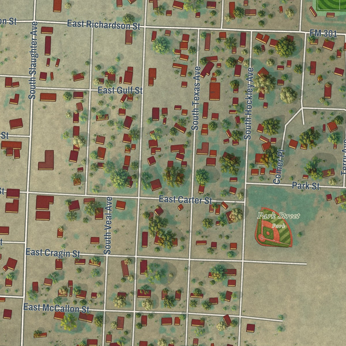 Close-up of the map of Sundown, Texas print showing street and building detail
