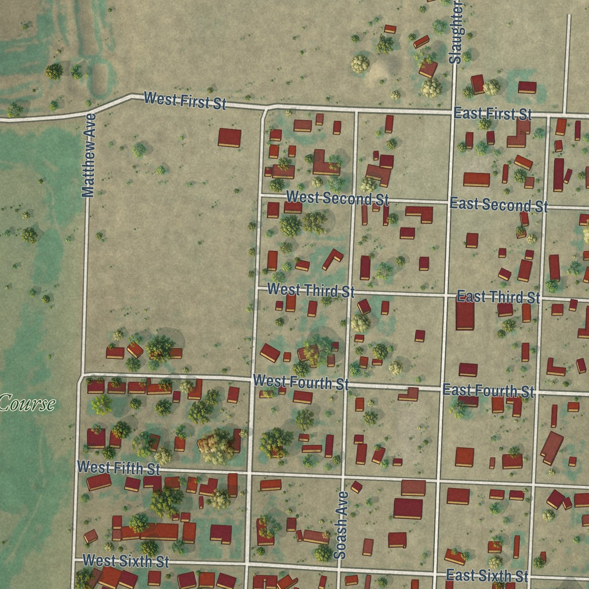 Second close-up of the map of Sundown, Texas print showing more streets and buildings