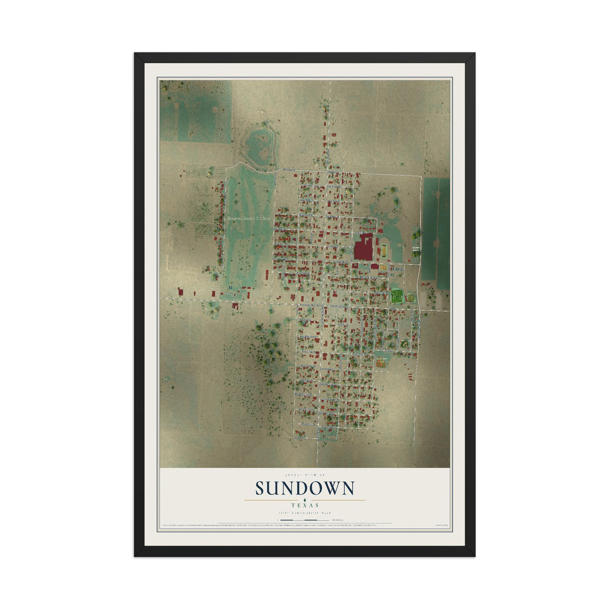 Map of Sundown, Texas, 12 x 18 inch print in a black wood frame