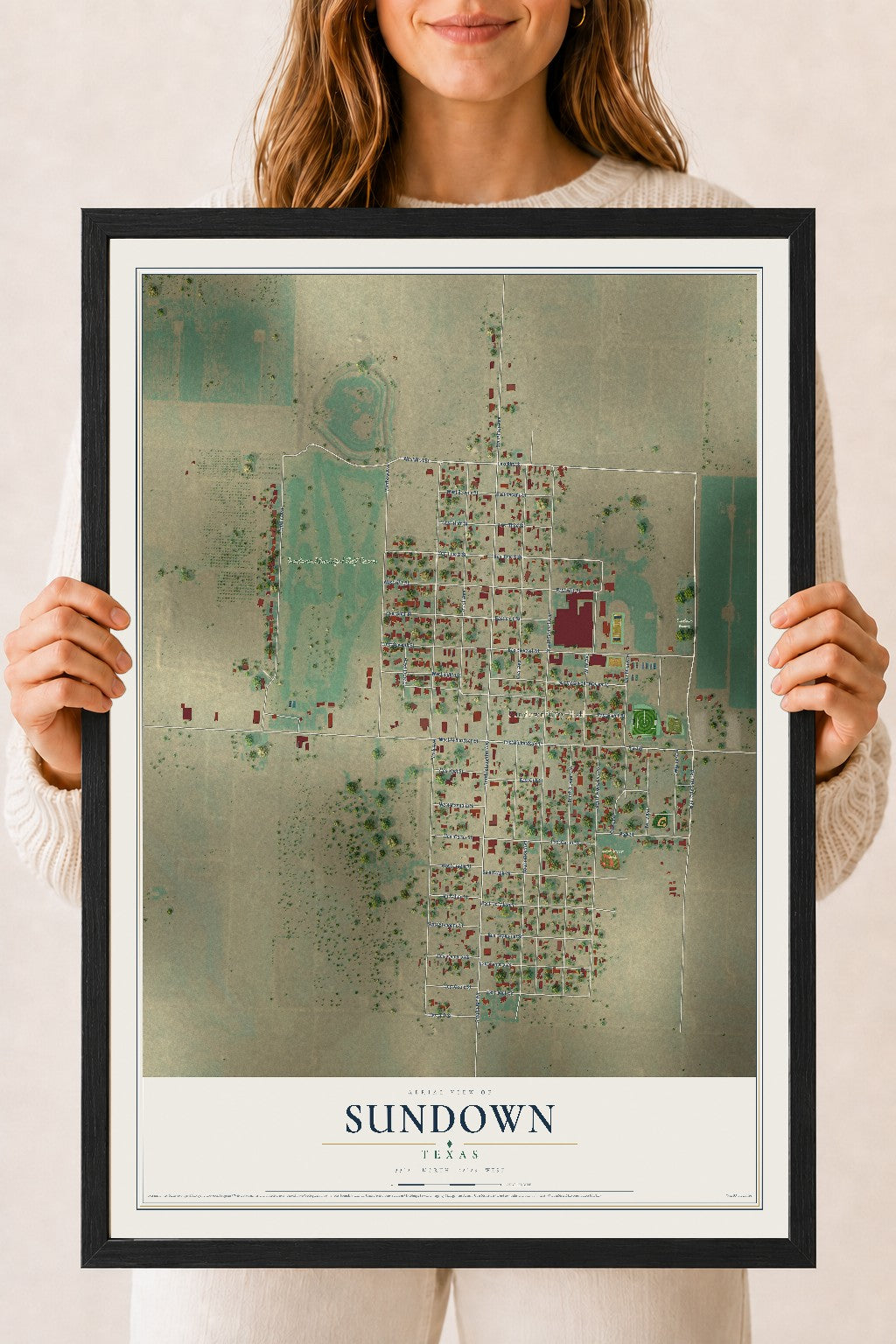 Map of Sundown, Texas, 18 x 24 inch print in a black wood frame