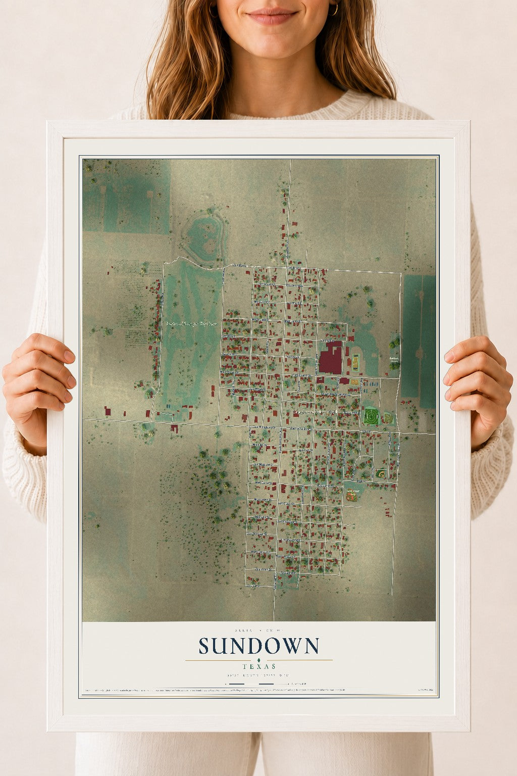 Map of Sundown, Texas, 18 x 24 inch print in a white wood frame