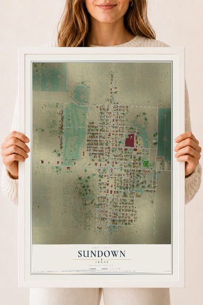 Map of Sundown, Texas, 18 x 24 inch print in a white wood frame