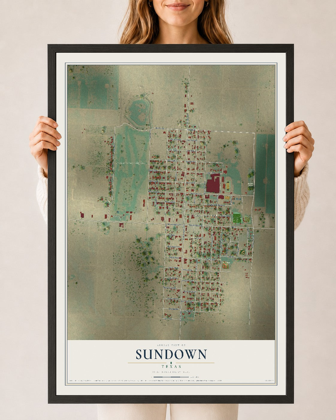 Map of Sundown, Texas, 24 x 36 inch print in a black wood frame
