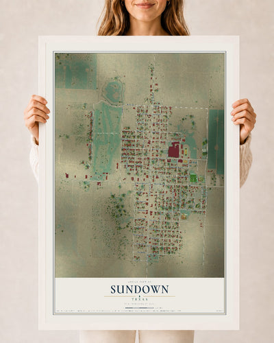 Map of Sundown, Texas, 24 x 36 inch print in a white wood frame