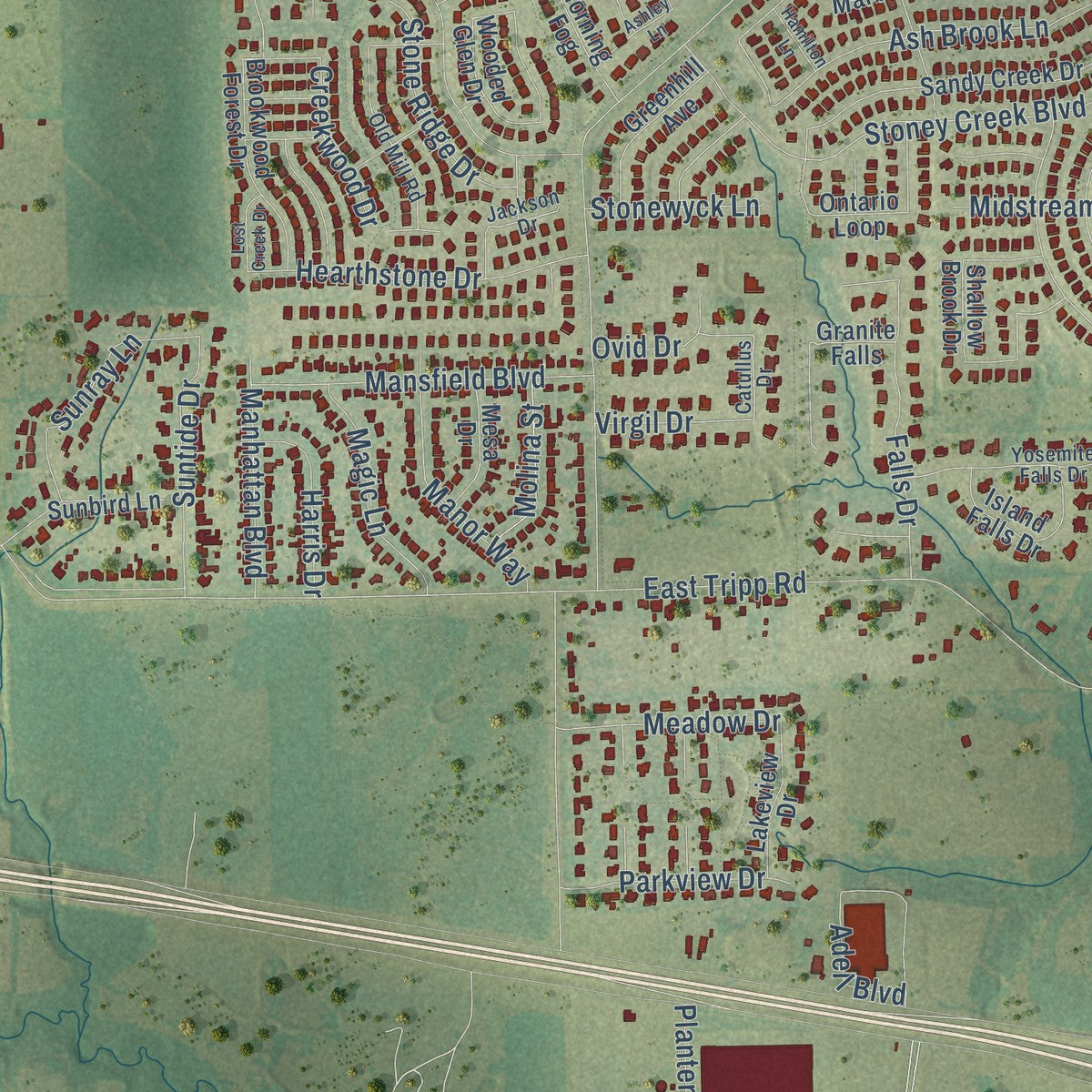 Close-up of the map of Sunnyvale, Texas print showing street and building detail